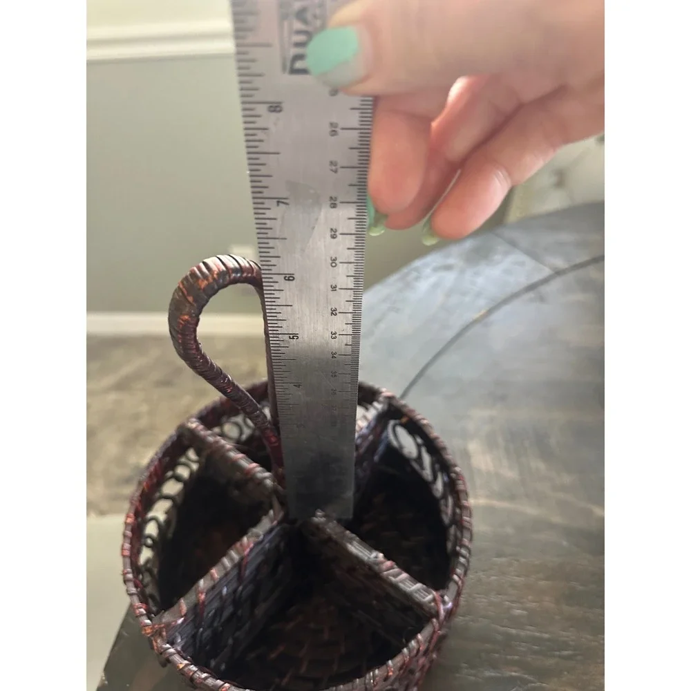 Woven Wicker Utensil Caddy Dark Brown Round 4 Compartment Silverware Holder 7in